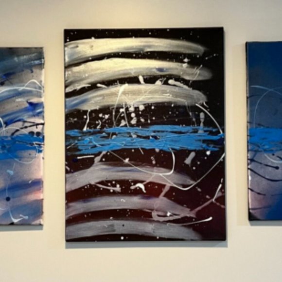 Homemade Thin Blue Line Abstract Triptych One of a Kind on Large Canvas - Picture 7 of 7